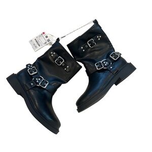 Girls Black Moto Buckle Ankle Boots